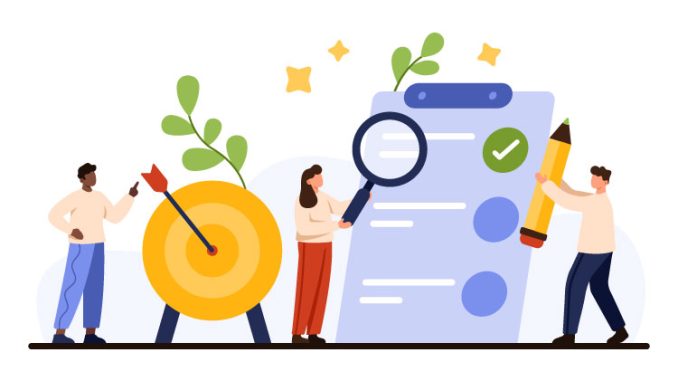 Illustration of Tiny people with a check to do list, a magnifying glass and a target.